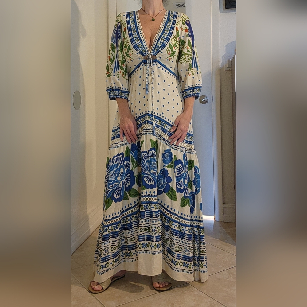 FARM Rio Blue and White Resort Maxi Dress with V-neck Bishop Sleeves